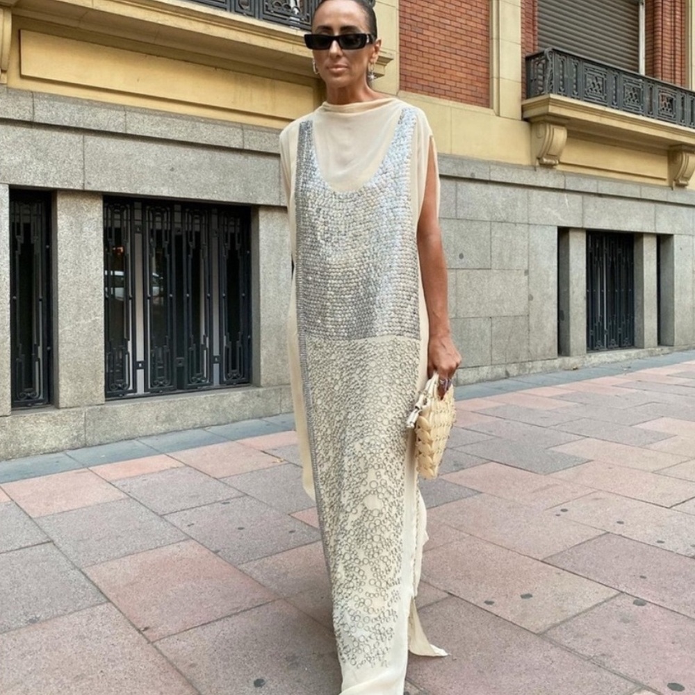 Zara Cream/blush silk and metal Maxi Dress